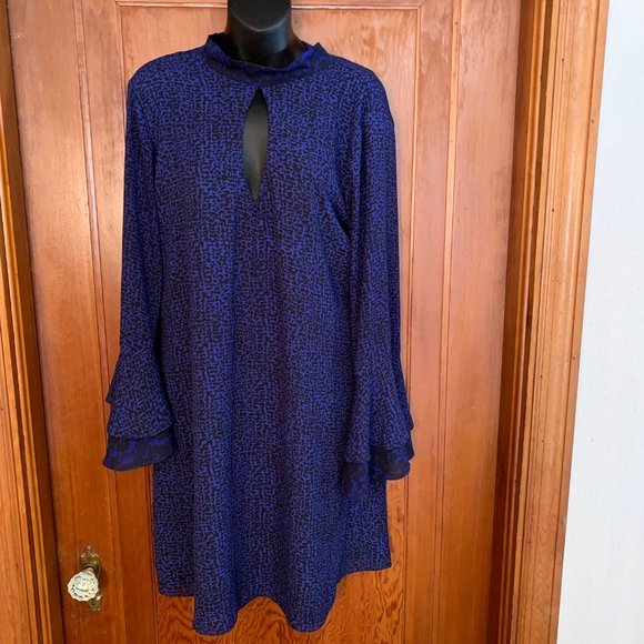 Atina Cristina Dark Purple/Blue and Black Dress W/Ruffle Bell Sleeves Size M - Picture 11 of 15